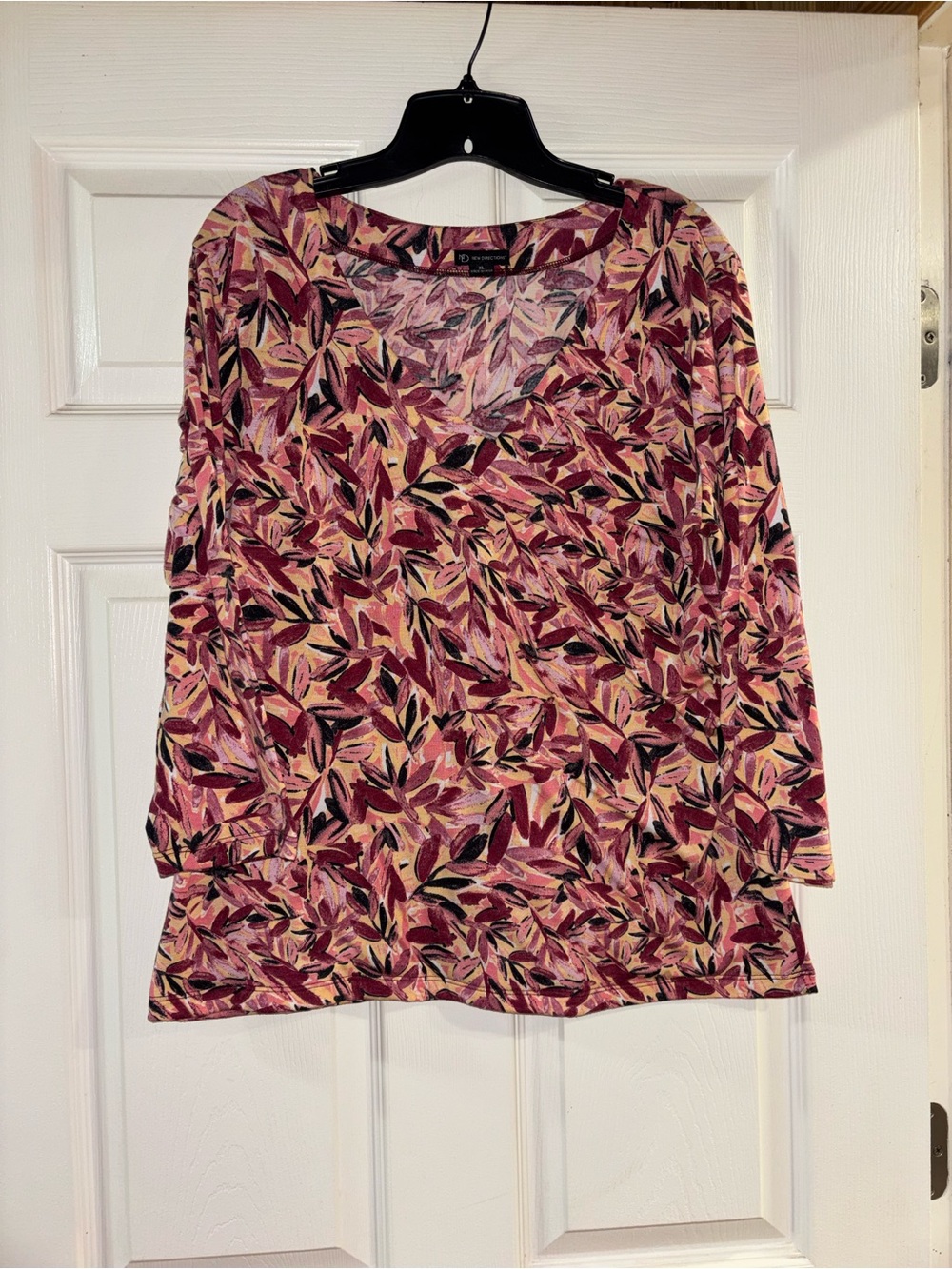 new directions Pink and Burgundy Leaf-Print Long Sleeve V-Neck Top